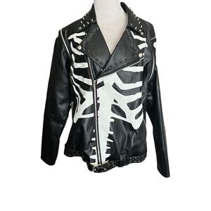 Skeleton Biker Jacket Studded Moto Detachable Sleeves Goth Punk Halloween Size L